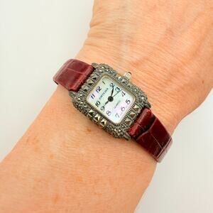 Judith Jack Sterling Silver Marcasite Quartz Watch Womens Vintage Croc Leather